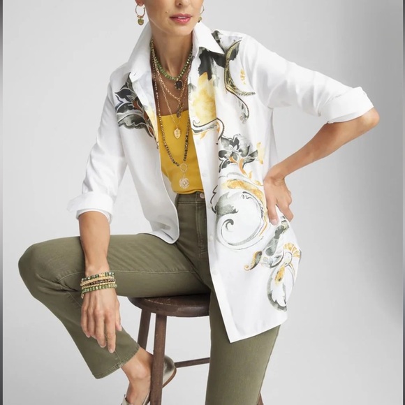 M Chico's No Iron™ Placed Floral Shirt with Black and Gold Floral Design 2/M - Picture 11 of 11